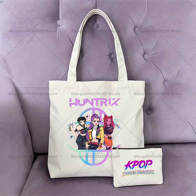 2pcs KPop Demon Hunter Handbag Coin Purse Girl Bag Shopping Canvas Shopper Tote Wallet Shoulder Lady Bags Women Gift Kid Friendly Entertaining Fun