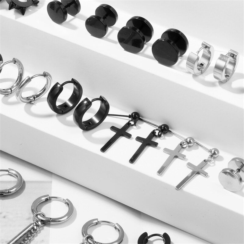48 PCs European and American Stainless Steel Black Cross Stud Earrings