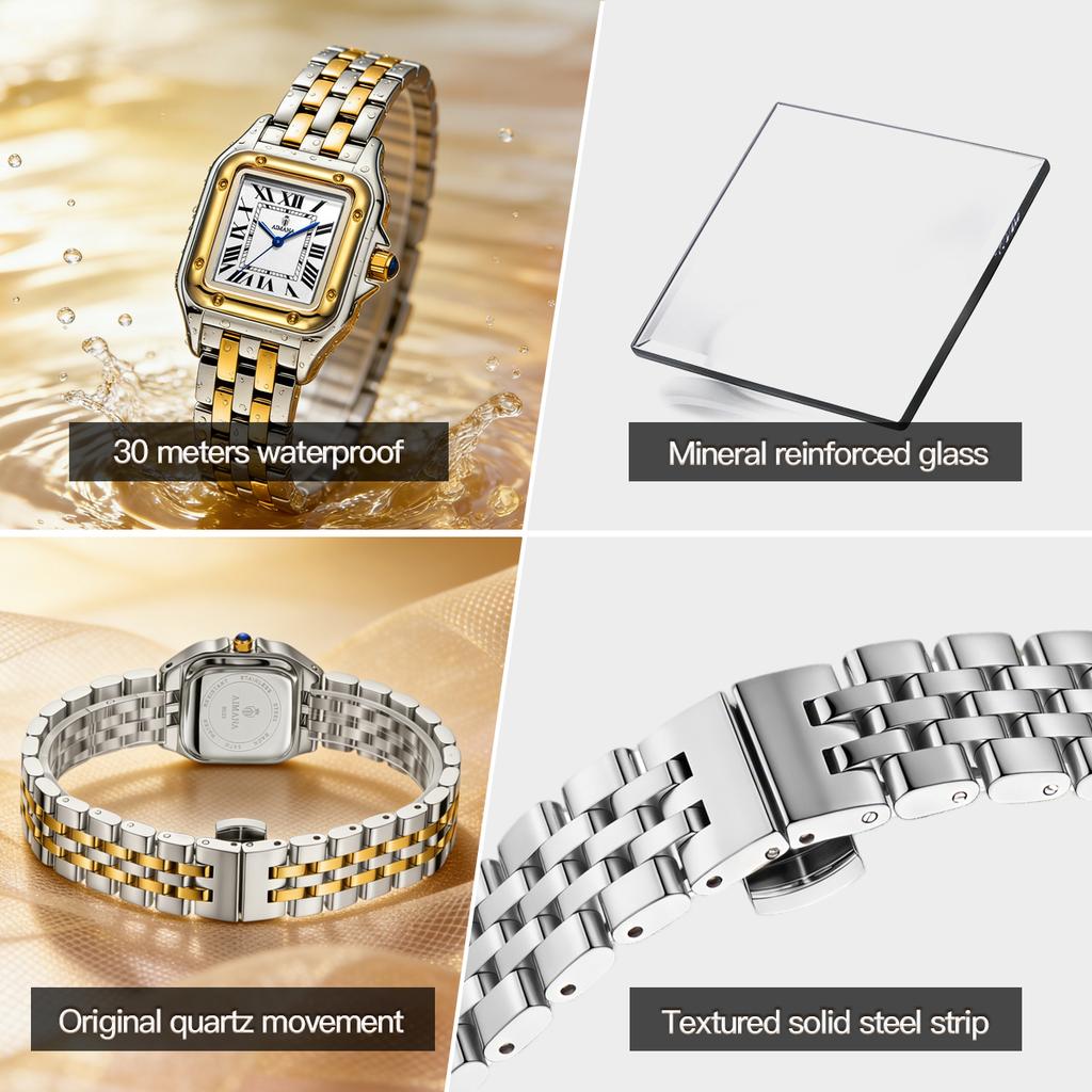 AIMANA Elegant Ladies Two-Tone Watch White Square Roman Dial Waterproof Quartz Stainless Steel Strap Dress Wristwatch Gift for W