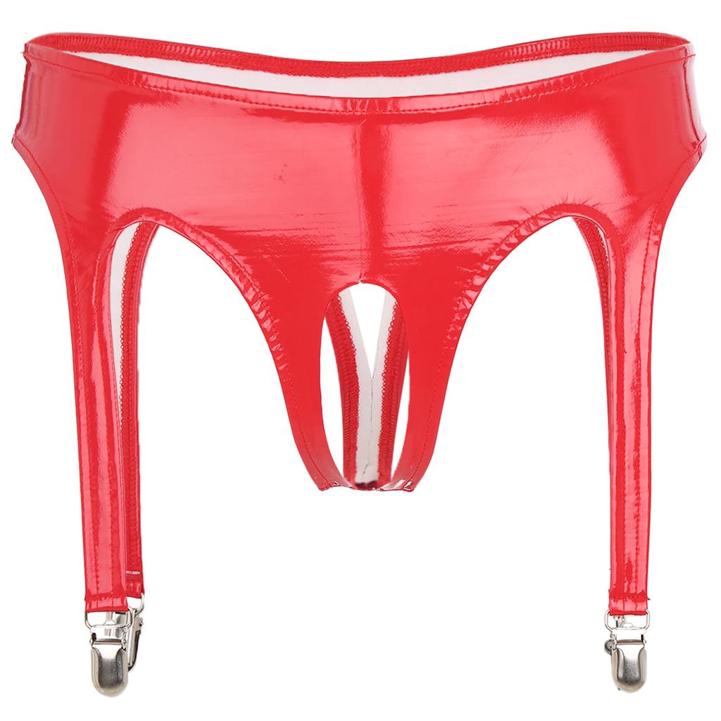 Women Patent Leather Underwear Glossy Thong Garter Clips Open Crotch Design Club Lingerie Night Out