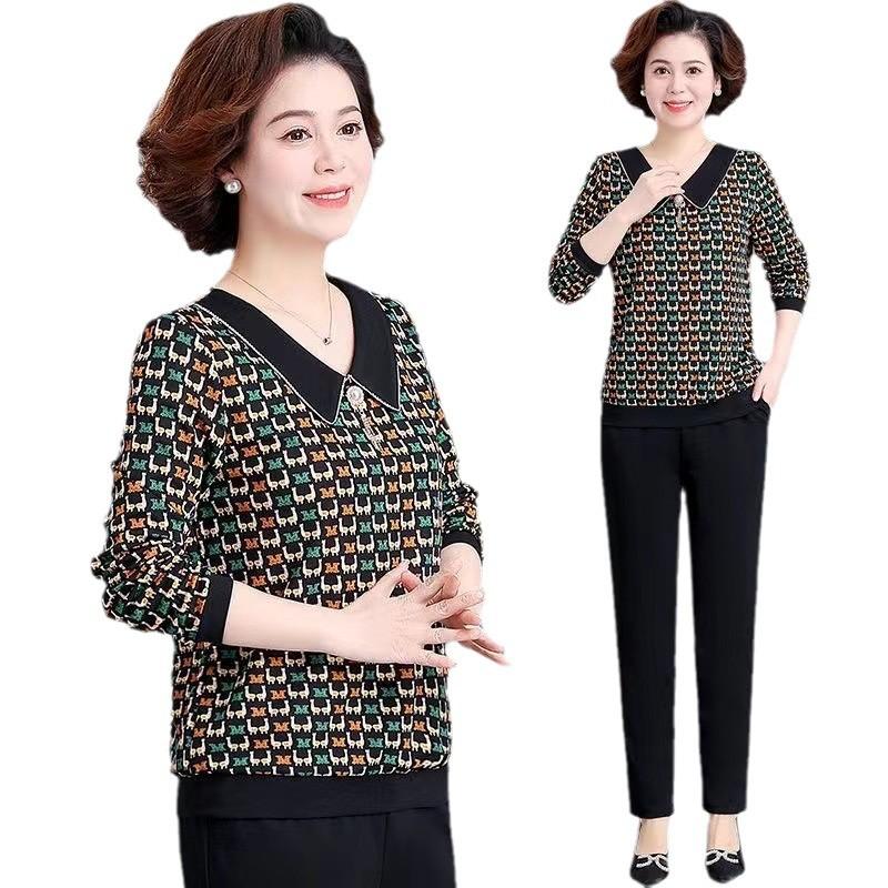 Mittelalte Mutter Frühlingskleid Puppenkragen Ausländischer Stil T-Shirt Kleine Bluse Mittelalte und ältere Frauen Locker Langärmelig Ausländischer Stil Oberteil