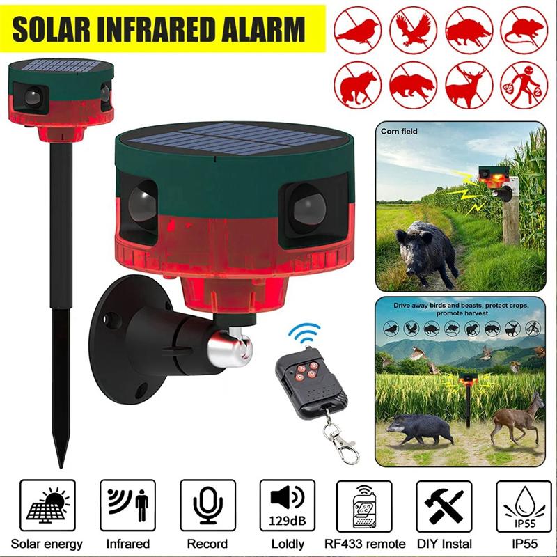 A96I-Solar Infrared Alarm Motion Sensor Detector Outdoor Waterproof Animal Repeller Security Alarm 129Db Dog Barking
