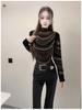 De Rong Women's High-Class Autumn Winter Half-High Collar Long Sleeve T-Shirt with Hot Drilling