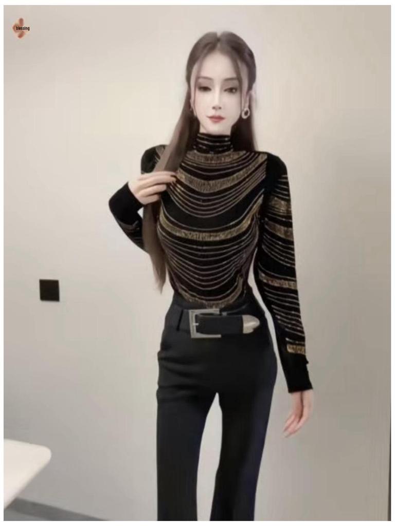 De Rong Women's High-Class Autumn Winter Half-High Collar Long Sleeve T-Shirt with Hot Drilling