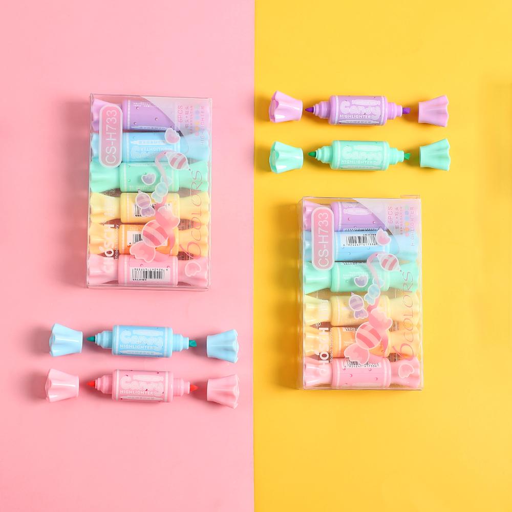 6 buc. Mini marcator de culoare sub formă de bomboane, pix cu două fețe, desen cu căptușeală fluorescentă fină îndrăzneață