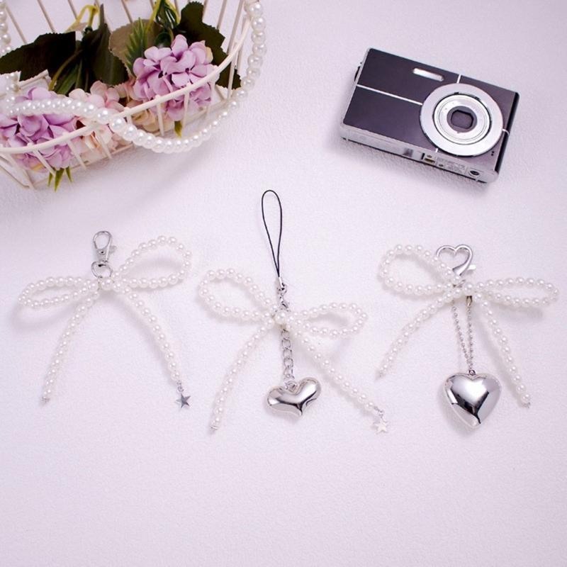 Ornament dulce lanț de telefon cu fundă, pandantiv pentru telefon mobil cu mărgele în formă de inimă, șnur pentru telefon, breloc pentru geantă pentru persoane la modă