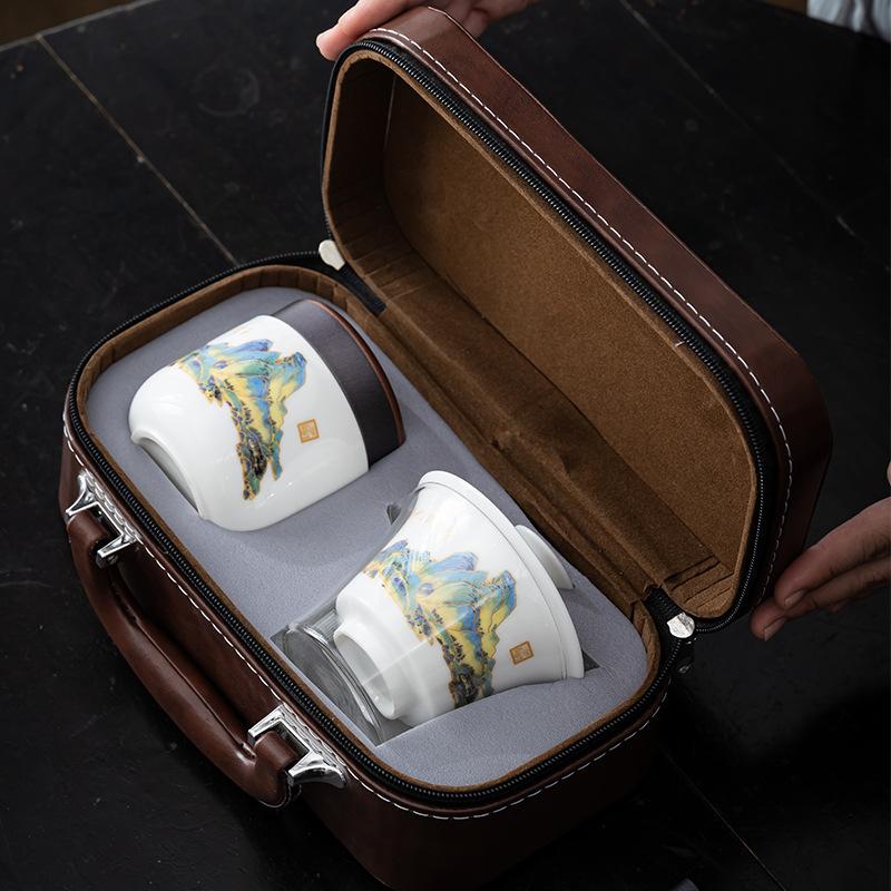 Chinese Style Portable Travel Ceramic Tea Set Household Travel Outdoor Kung Fu Tea Pot and Teacup Leather Bag Set Gift New