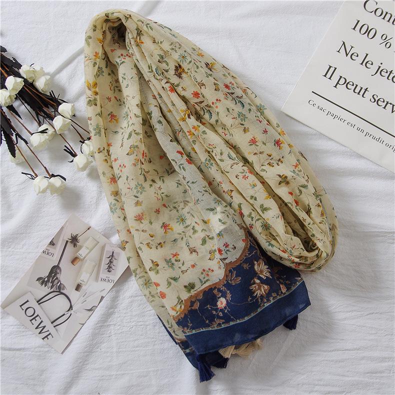 Japanese Cotton Linen Floral Color Block Scarf & Shawl - Spring/Summer