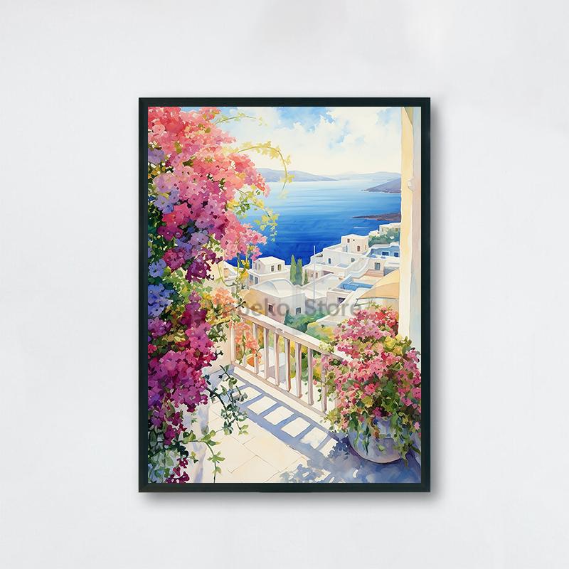 Watercolor Style Mediterranean Coast Sea Poster Seaside Landscape Prints Canvas Painting Wall Art Pictures Home Room Beach Decor