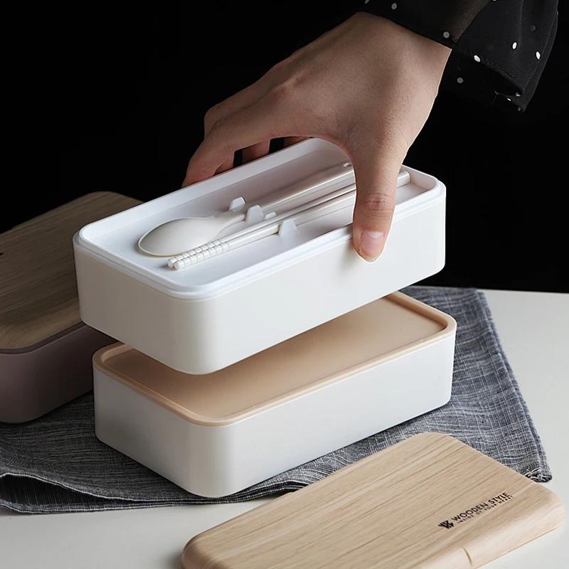 Mikrowellen-Doppelschicht-Lunchbox 1200ml Holzoptik Salat-Bento-Box BPA-frei Tragbare Behälterbox Arbeiter Student