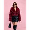 Womens Short Faux Fur Coat With Fox Hair Trim Collar Lapel Leather Patchwork Long Sleeve Winter Outerwear