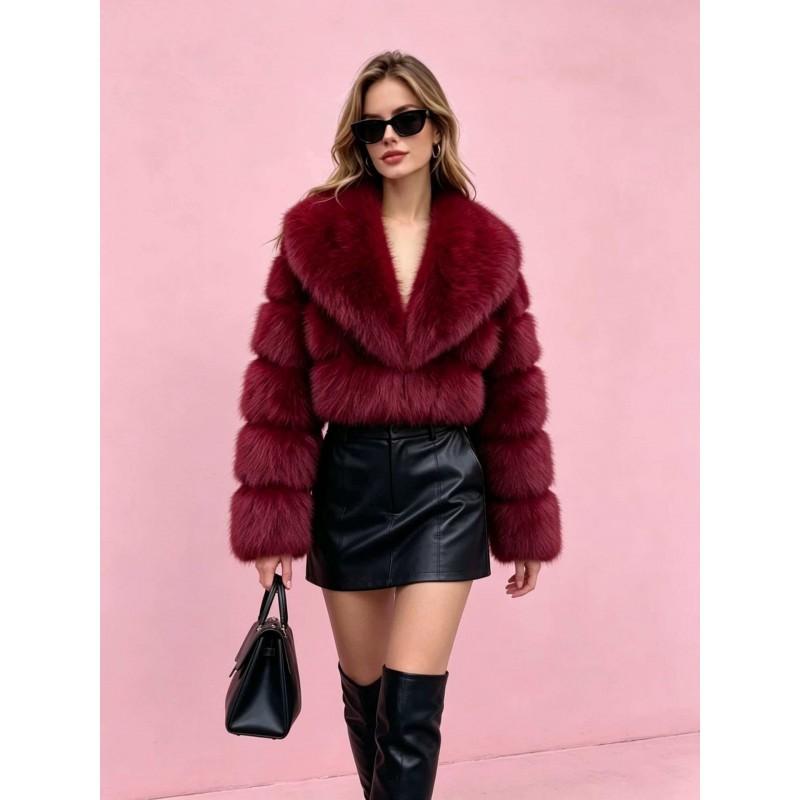 Womens Short Faux Fur Coat With Fox Hair Trim Collar Lapel Leather Patchwork Long Sleeve Winter Outerwear