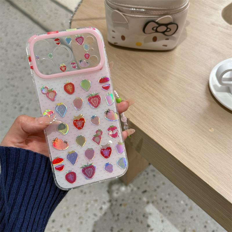 

Голографический чехол для телефона с клубникой для iPhone 17 16 15 Pro Max Милый блестящий прозрачный защитный чехол с ремешком на запястье For iPhone 17ProMax