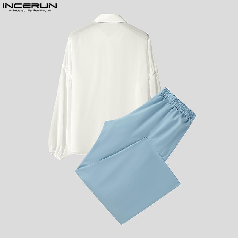 INCERUN 2-teiliges Herren-Set: Hemd mit Reverskragen, leicht transparent, langärmlig, mit weitem Bein und lange Hose
