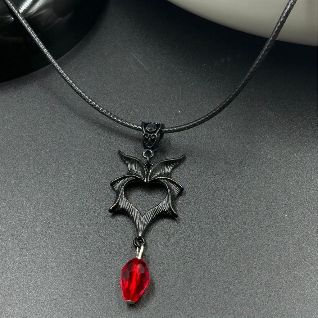 Gothic Ruby Heart Bat Wing Pendant Necklace