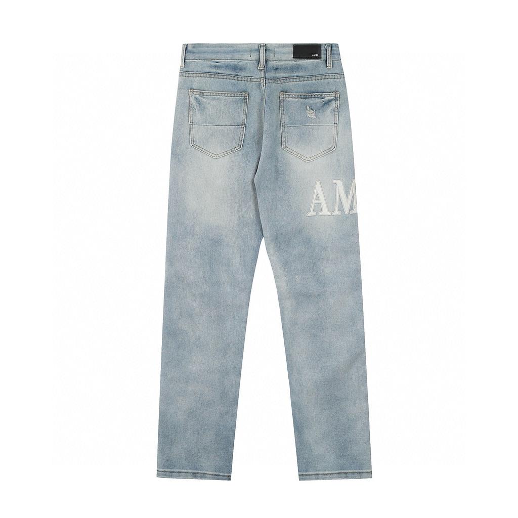 M06 Amiri Men's and Women's American Style Trendy Jeans with Fabric Patches, Holes, Embroidery, Casual and Fashionable High Street Pants