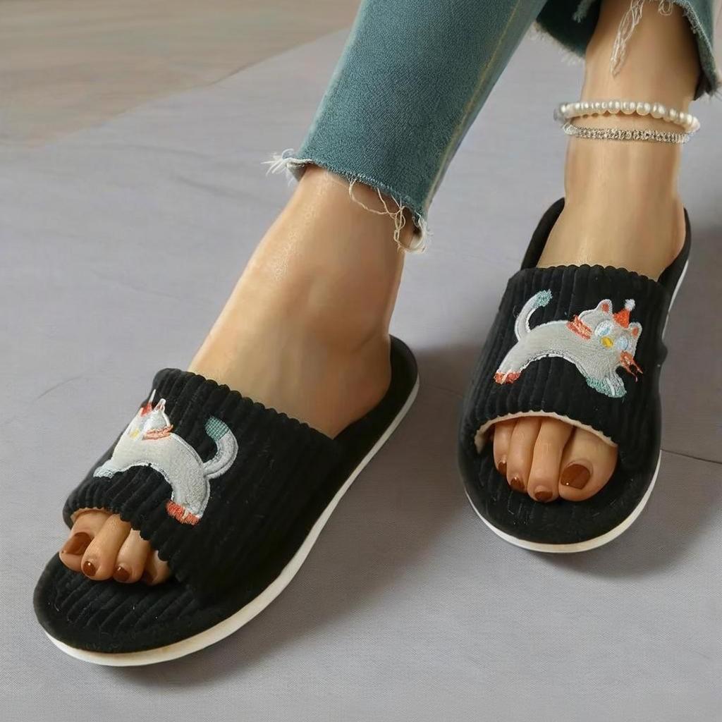 Cute Cartoon Cat Slip-On Slippers with Santa Hat & Striped Design - Non-Slip EVA Sole, Soft Fabric Indoor House Shoes for Men & Women,