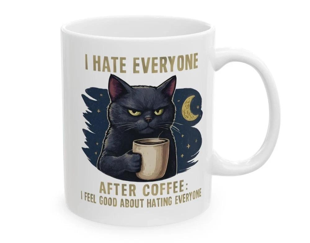Funny Cat Coffee Mug Grumpy Black Cat Humor Cup 11oz Gift Morning Drink L