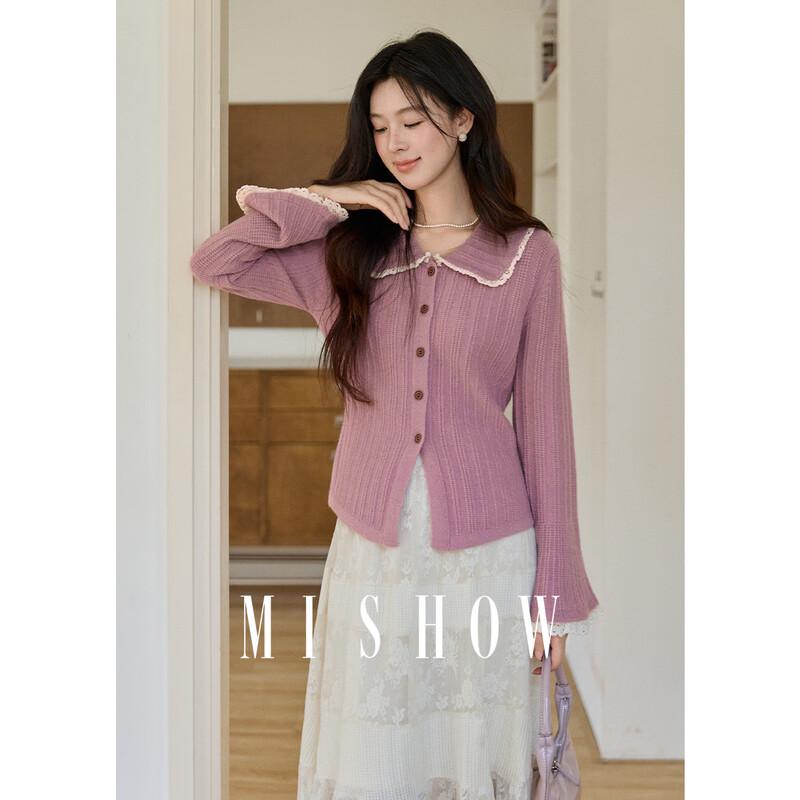 Women s Ruffle Trim Doll Collar Knitted Cardigan L