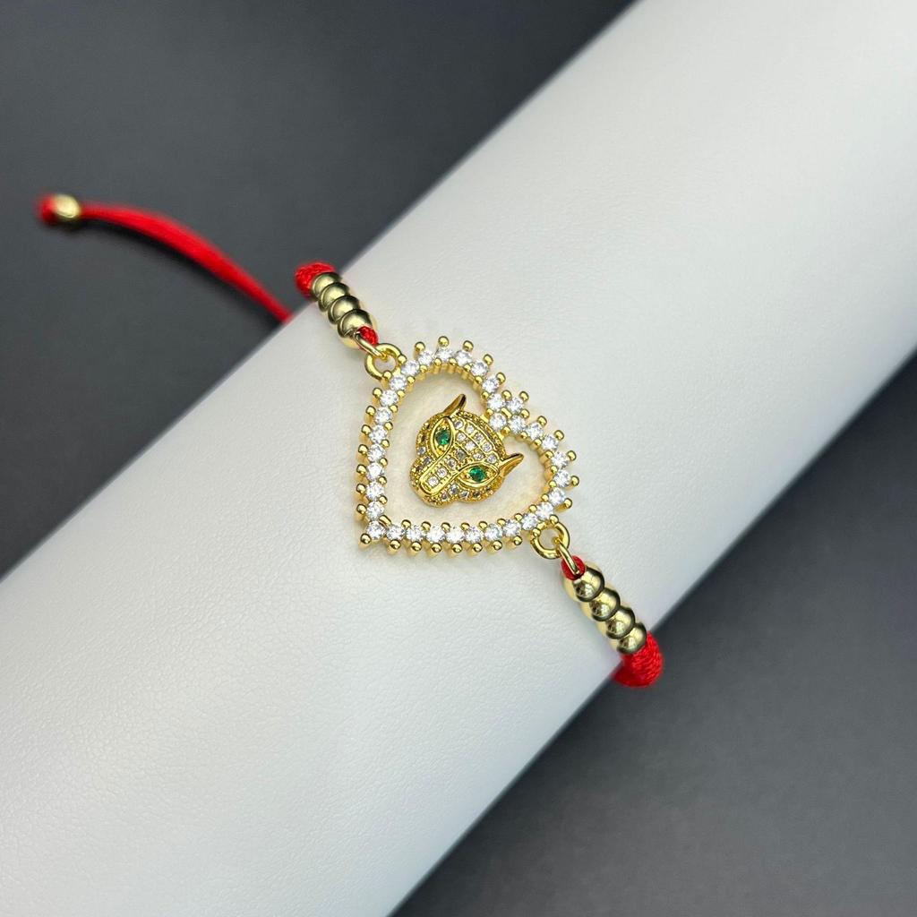 Retro-Leopardenkopf-Armband mit rotem Seil, mikro-eingefasstem Zirkonia und Zugband