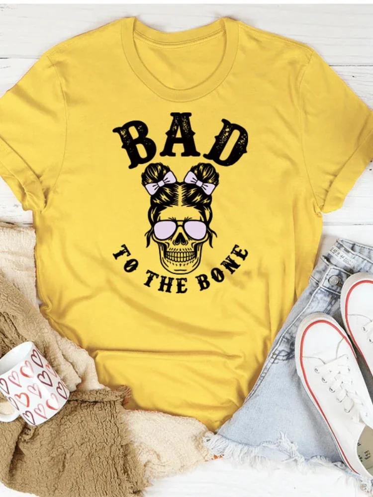 BAD TO THE BONE Skull Head Print Women T Shirt Short Sleeve O Neck Loose Women Tshirt Ladies Tee Shirt Tops Camisetas Mujer
