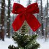 Velvet Christmas Tree Topper Bow Red Plush Bow with Metal Frame Base Festive Holiday Decor for Home Party Display