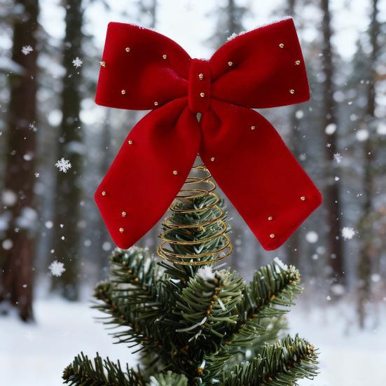 Velvet Christmas Tree Topper Bow Red Plush Bow with Metal Frame Base Festive Holiday Decor for Home Party Display