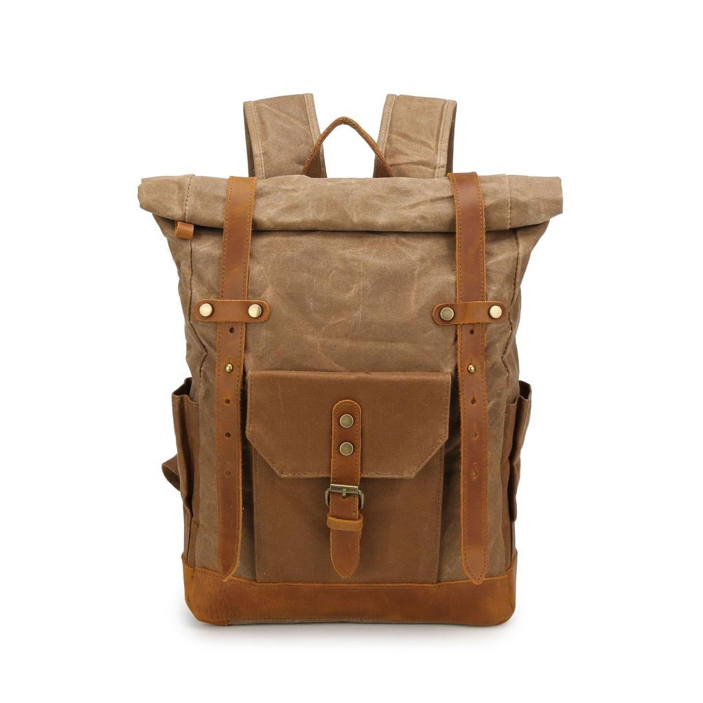 Retro Waxed Canvas Backpack with Leather Trim - Large Capacity, Pepper Salt Design, In Stock