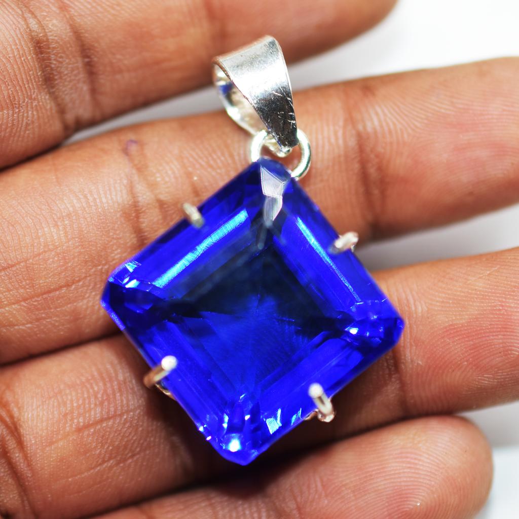 Lab Created 925 Sterling Silver Blue Tanzanite Pendant 75.60 Ct Gems CERTIFIED My-364-k