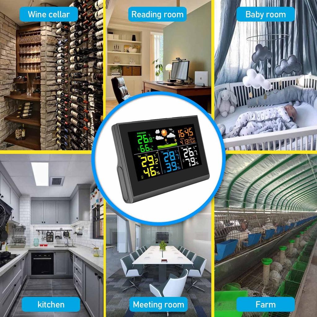 Digital Color Weather Station Clock with 3 Wireless Outdoor Sensor Indoor/Outdoor Temperature Humidity Monitor Weather Forecast