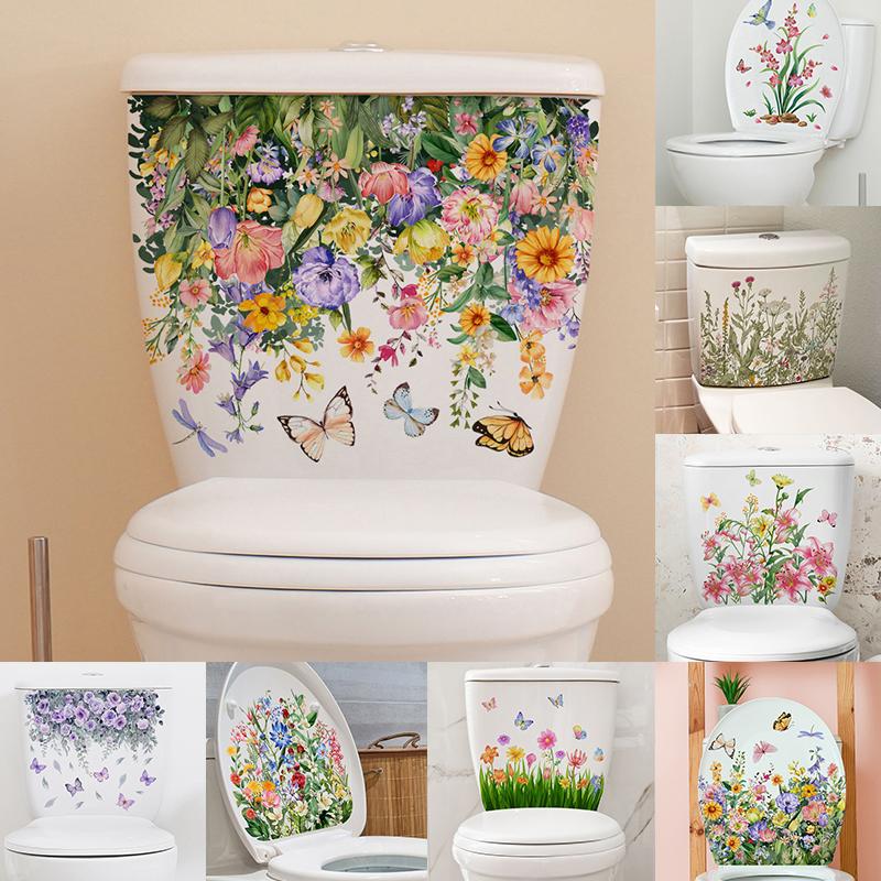 1Pcs Flower Floral Toilet Stickers Green Plant Leaves Wall Stickers Decoration Waterproof Self-Adhesive Decals Bathroom Sticker
