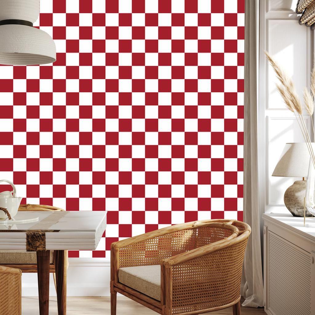 Checkerboard Wallpaper Red, White and Coral for Living Room and Bedroom 50x1000