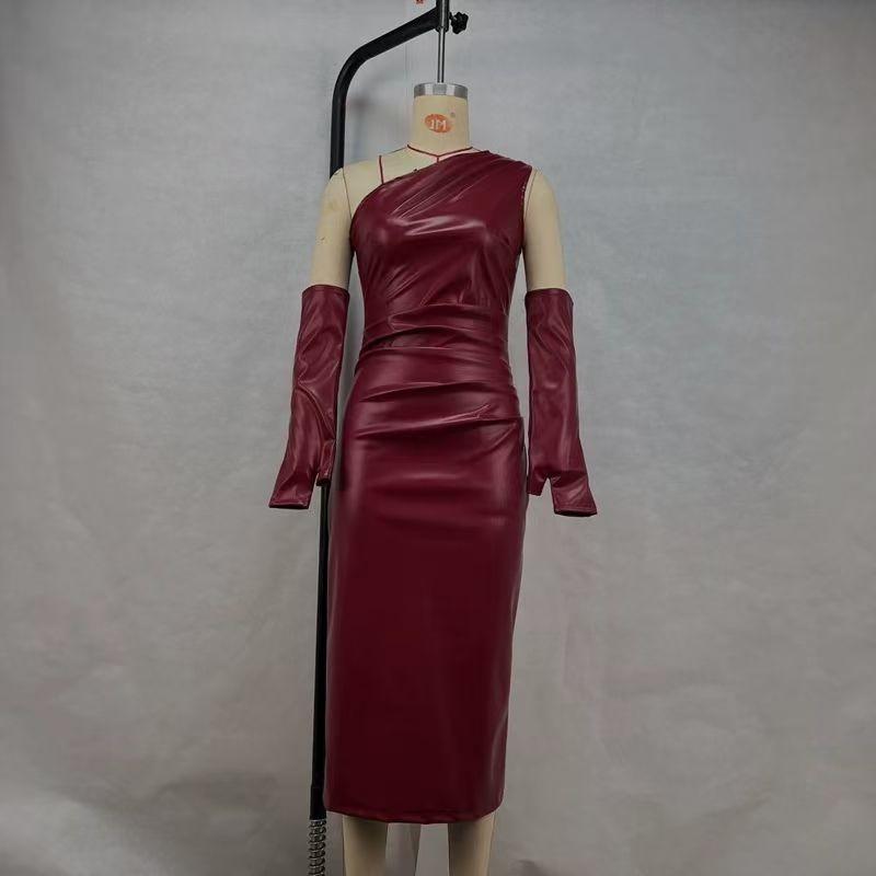 

Western Style Pleat Sexy Sheath Sloping Shoulder PU Leather Dress Slant Neck PU Leather Dress Burgundy L