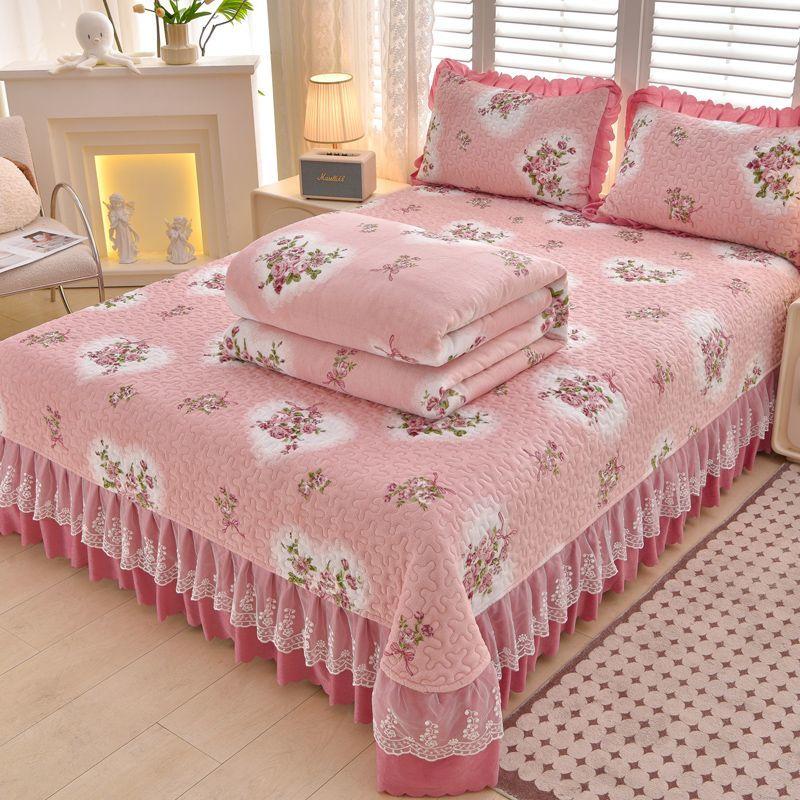 

Зимний стеганый комплект из четырех предметов из молочного бархата, кораллового бархата, бархата «золотой норки», нескользящий, антистатический, теплый, стеганый 1.5m bed sheet4pcs слоновая кость