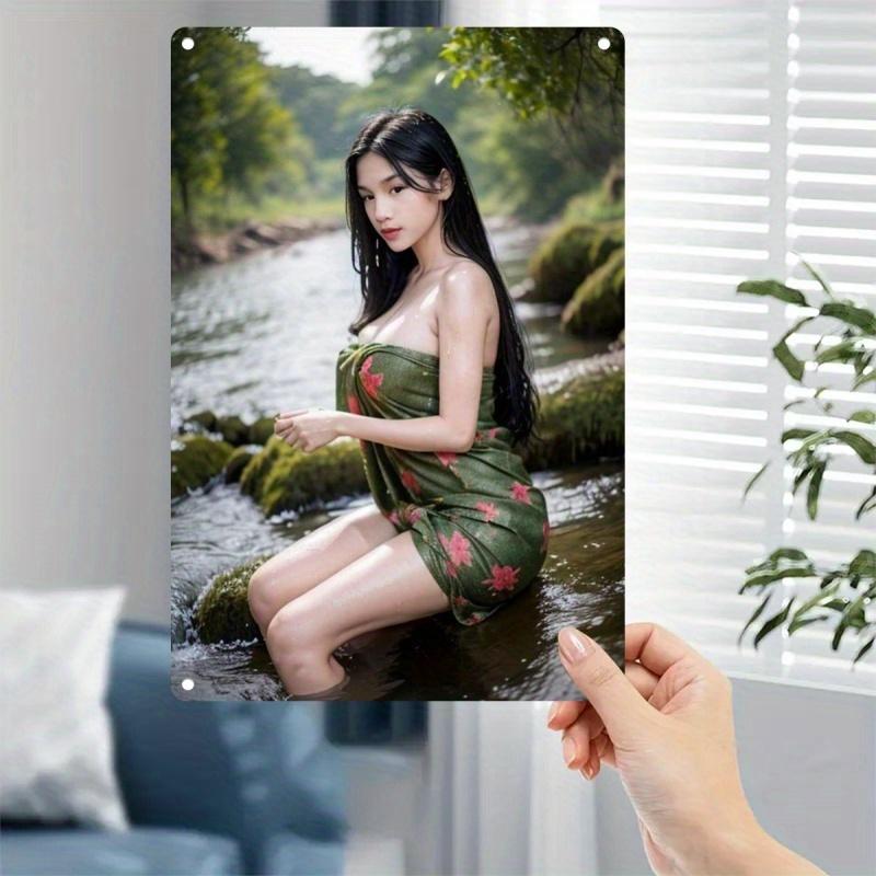 

Vintage Metal Wall Art Sign Green Dress Woman River Scene Rustic Iron Wall Decor 2D Flat Metal Sign Plate for Home Decor 20x30cm