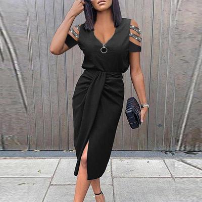 EastRogue Women's Solid Color Zipper Long Dress Hollow Out Pleated Short Sleeve V-neck Dress