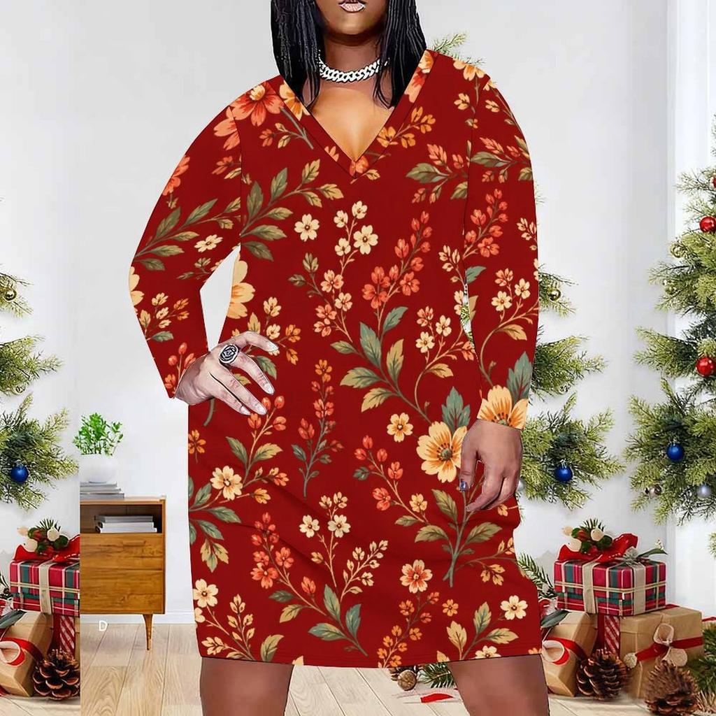 Women Plus Size V Neck Long Sleeve Printed Blue Straight Dress