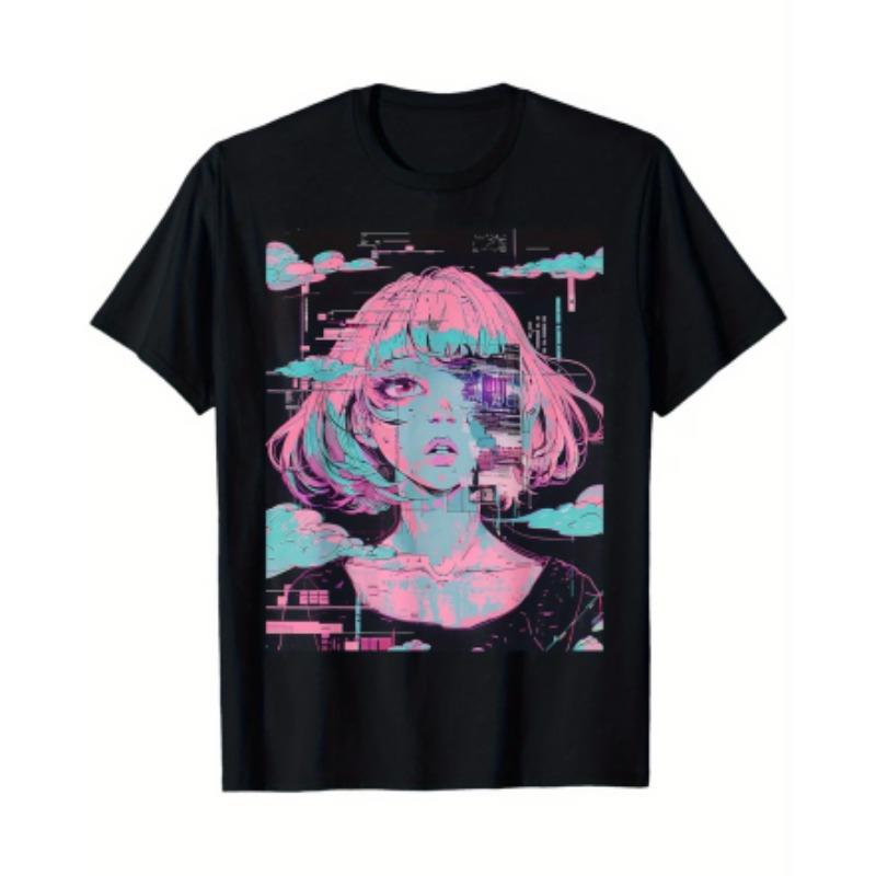 Men's Anime Print T-Shirt - Anime Character Print Crew Neck Short Sleeve Shirt, Machine Washable, Suitable for Anime Apparel and Party Outfits