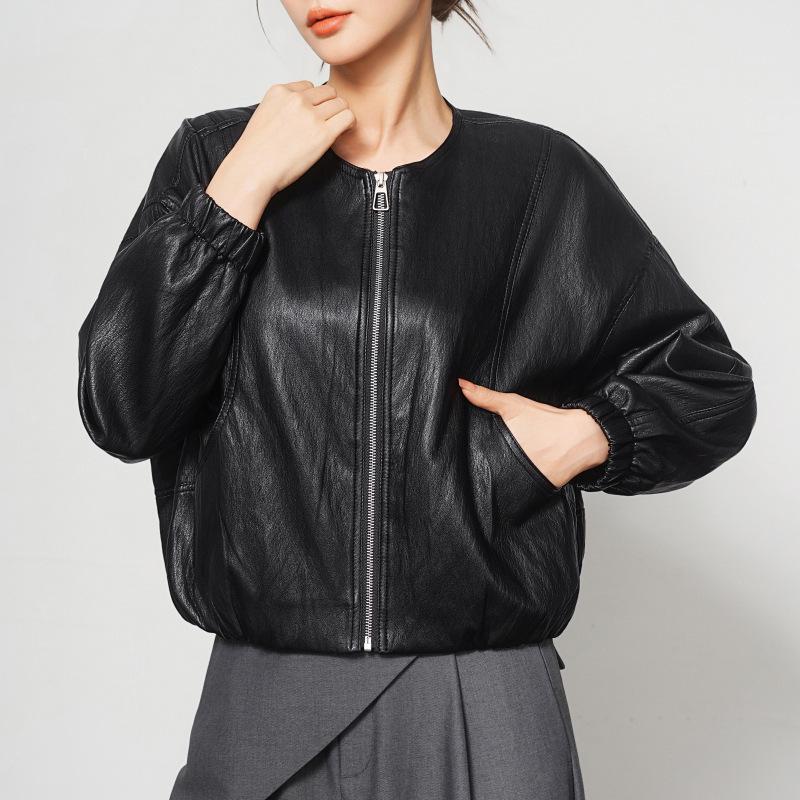 Women’s Genuine Sheepskin Leather Cardigan Jacket - Short, Round Neck, Loose Fit for 2026 Spring/Autumn.