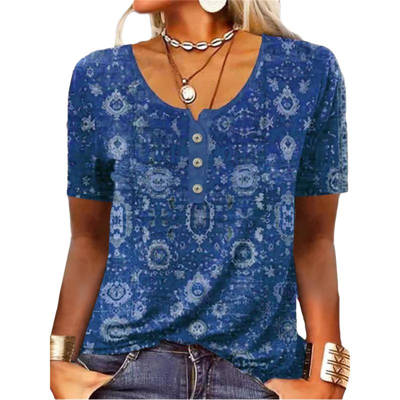 Elegant T-shirt Ladies Short-sleeved Fashion Ethnic Style Loose Retro Casual Button Shirt 3d Floral Print Loose Summer Top