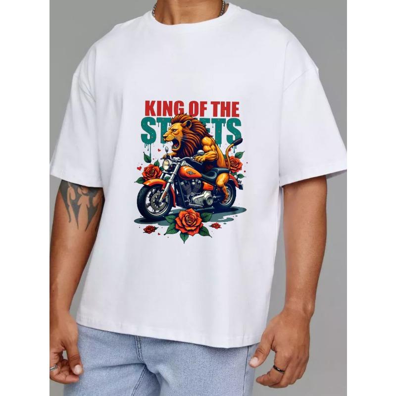 Men's T-Shirt White King of The Streets Lion Riding Motorcycle with Roses Graphic Print Casual Streetwear for Bikers and Motorbike Enthusiasts