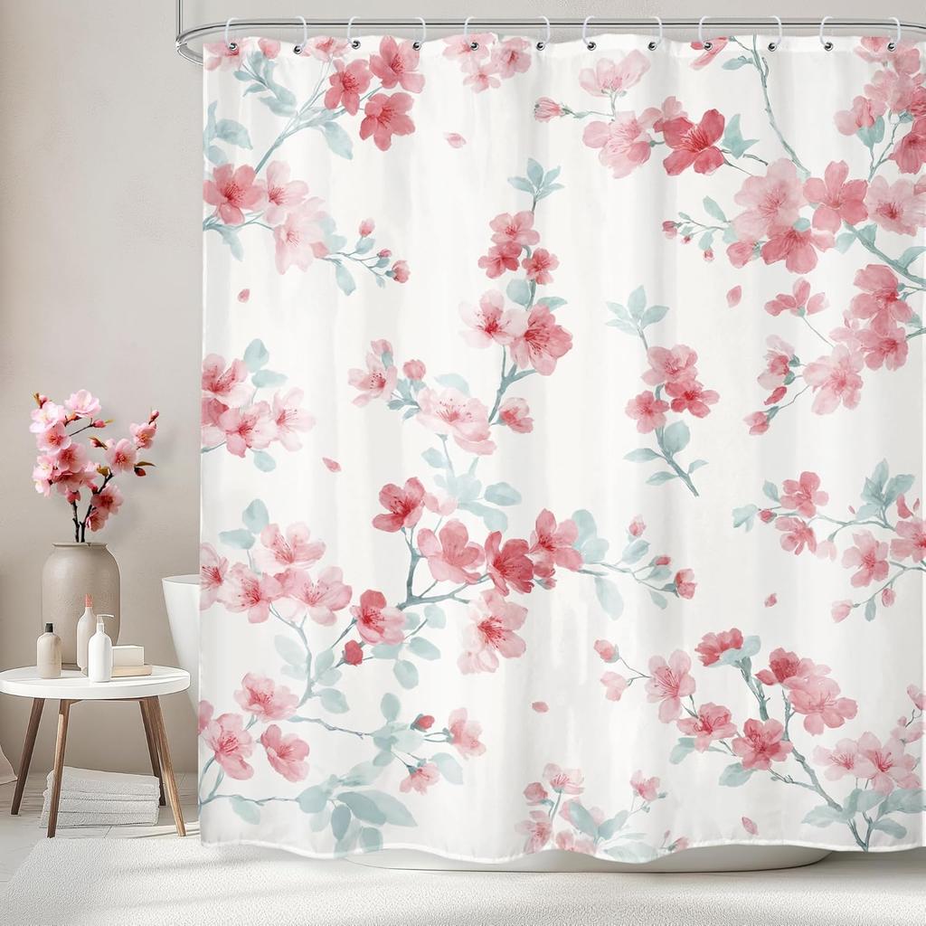 Czarny Kot Księżyc Zasłona Prysznicowa Mistyczna Noc Kwiat Wiśni Kwiatowy Gotycki Nowoczesny Estetyczny Tkanina Wodoodporny Poliester