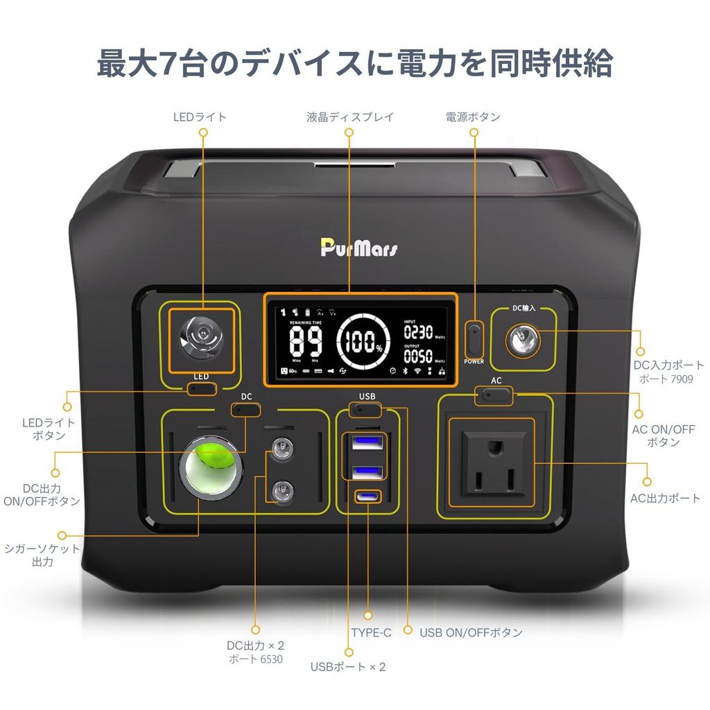 PurMars Portable Power Station 300W 288Wh Solar Generator with 110V Pure Sine Wave AC LiFePO4 Portable Power Bank for Outdoor and Emergency Use (500W