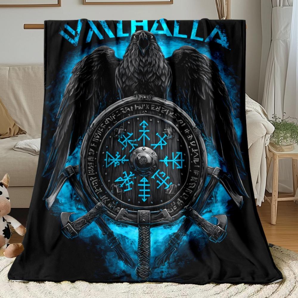 Viking Raven Valhalla Print Throw Blanket - Nordic Rune Mythical Motif Soft Lightweight Accent for Sofa Bed Travel Gift