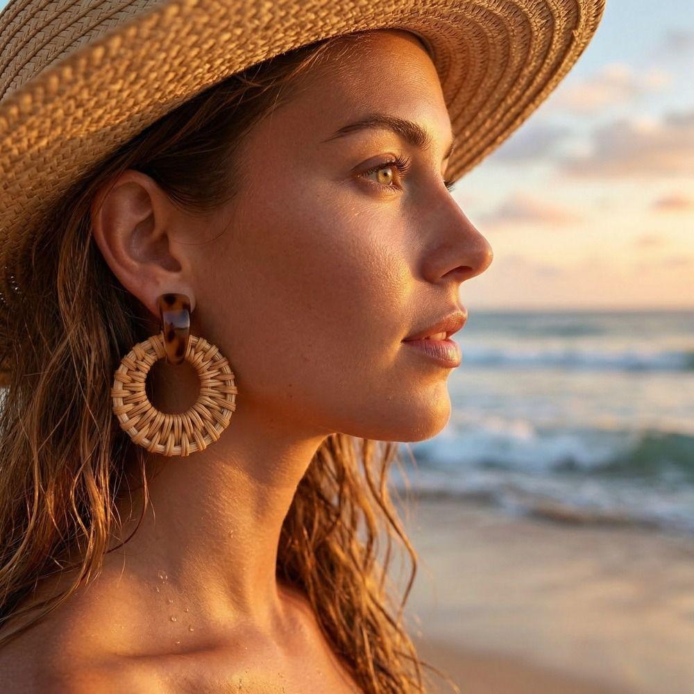 Wood Rattan Weave Earrings Round Beach Jewelry Retro Bohemian Drop Earrings  Women