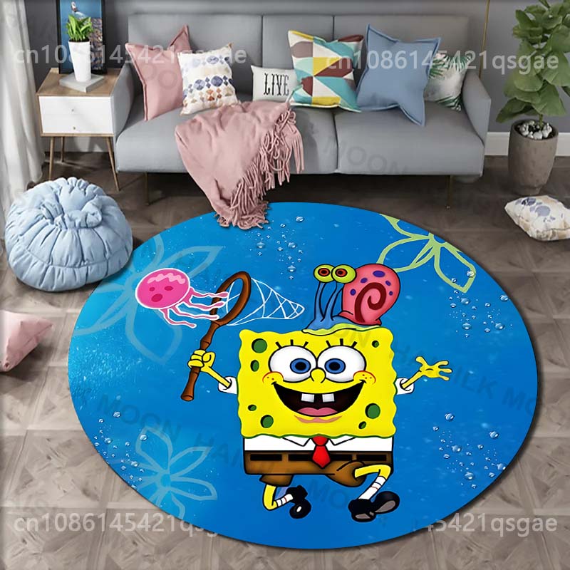 Cartoon SpongeBob Schwammkopf Druck Runder Teppich für Wohnzimmer Schlafzimmer Tisch und Stuhl Sofa Heimdekoration Bereichsteppich Luxuriöses Geschenk