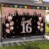 girl16Birthday Decoration Banner,Rose Gold Sweet 16 Birthday theme sign party supplies,16 Birthday background photo booth suitable for indoor and