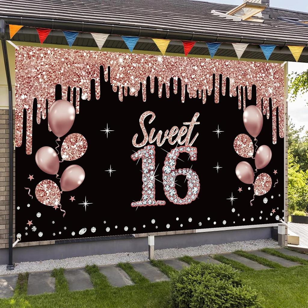 girl16Birthday Decoration Banner,Rose Gold Sweet 16 Birthday theme sign party supplies,16 Birthday background photo booth suitable for indoor and