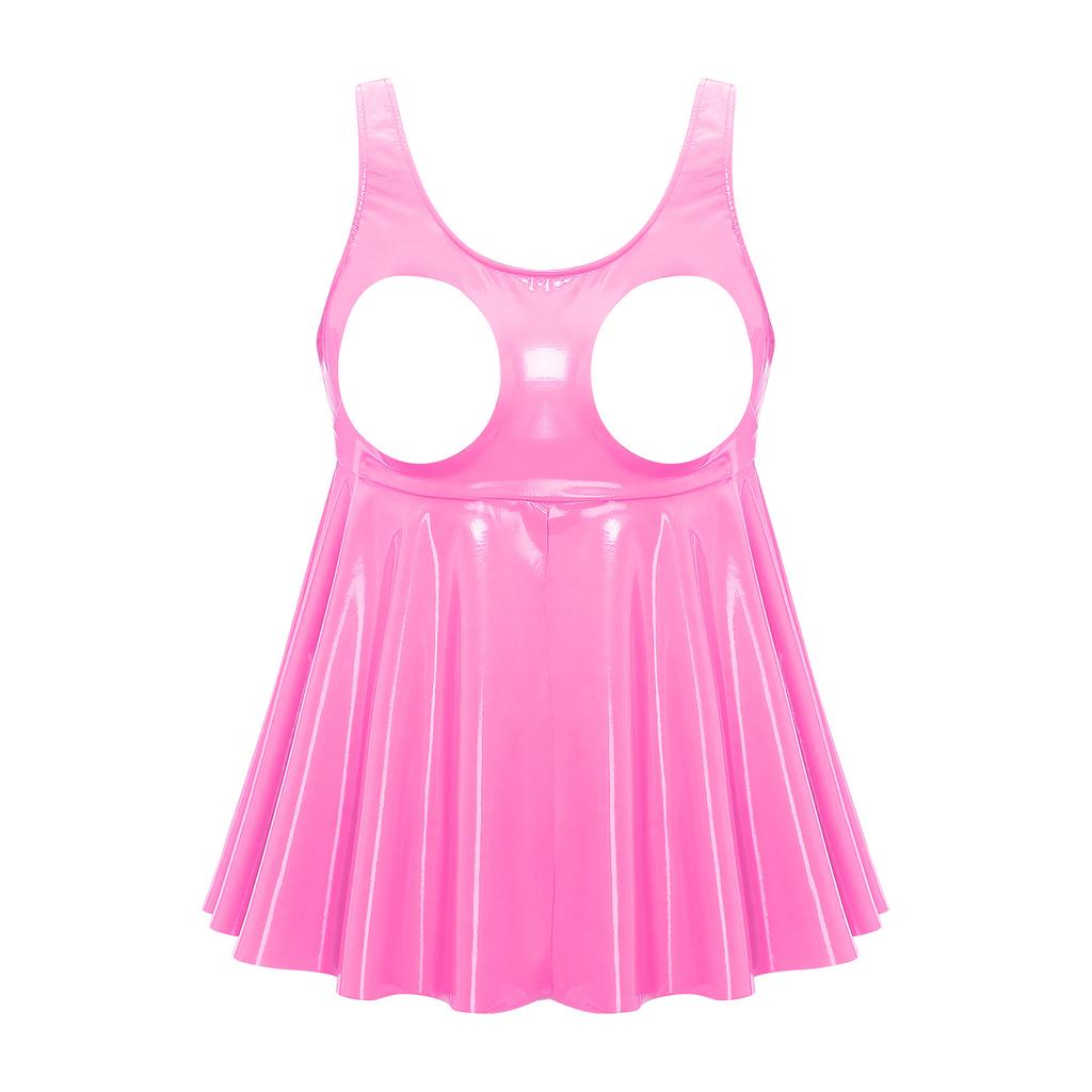 Women Wet Look Patent Leather Lingerie Tops Sleeveless Hollow Out Front Slit Ruffle Clubwear Nightwear Rave Outfit