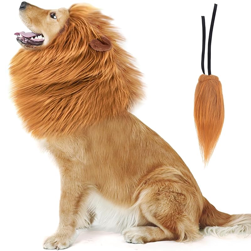 NEWBEA Lion Mane for Dog Costume, Realistic Funny Lion Wig for Medium to Large Sized Dogs, Halloween Fancy Mane (Brown Ear Tail) Brown with Ear Tail